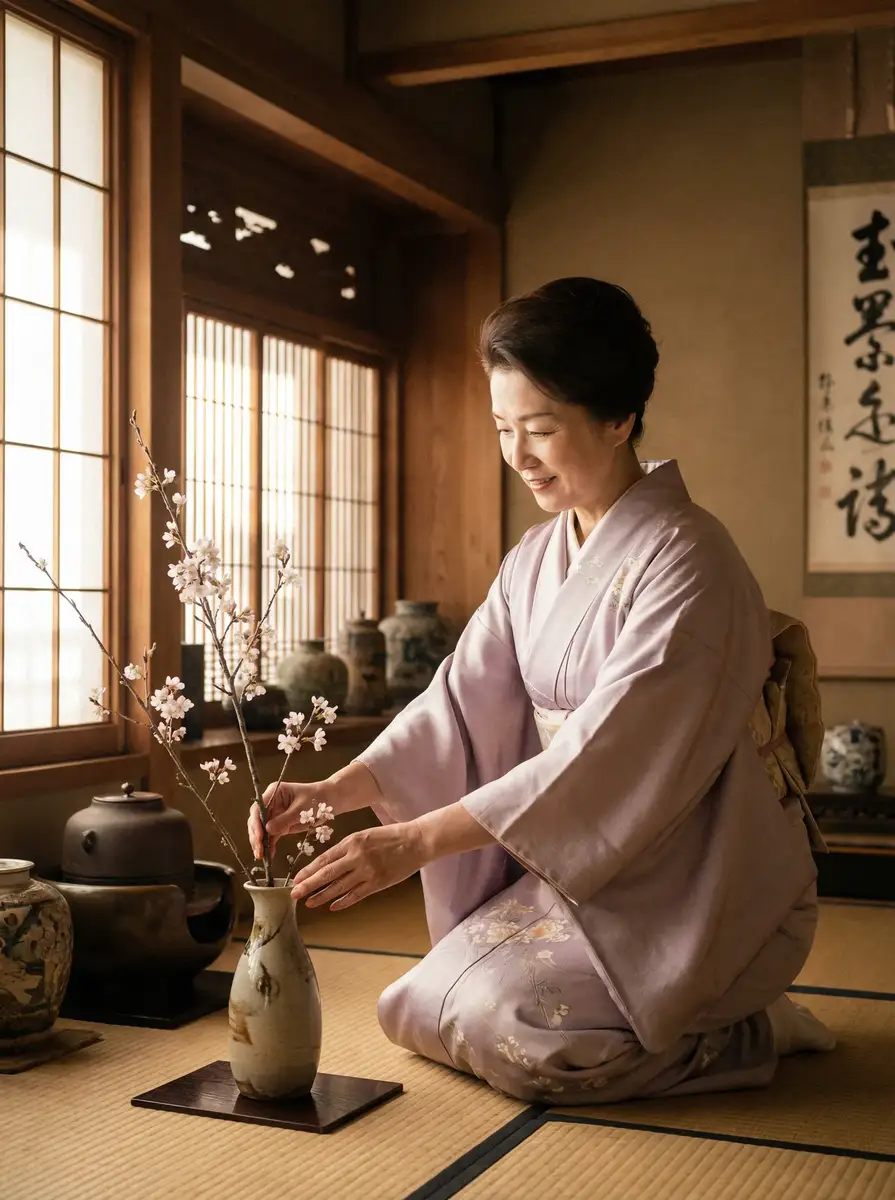 一位优雅的 风流视频 在和室中插花
